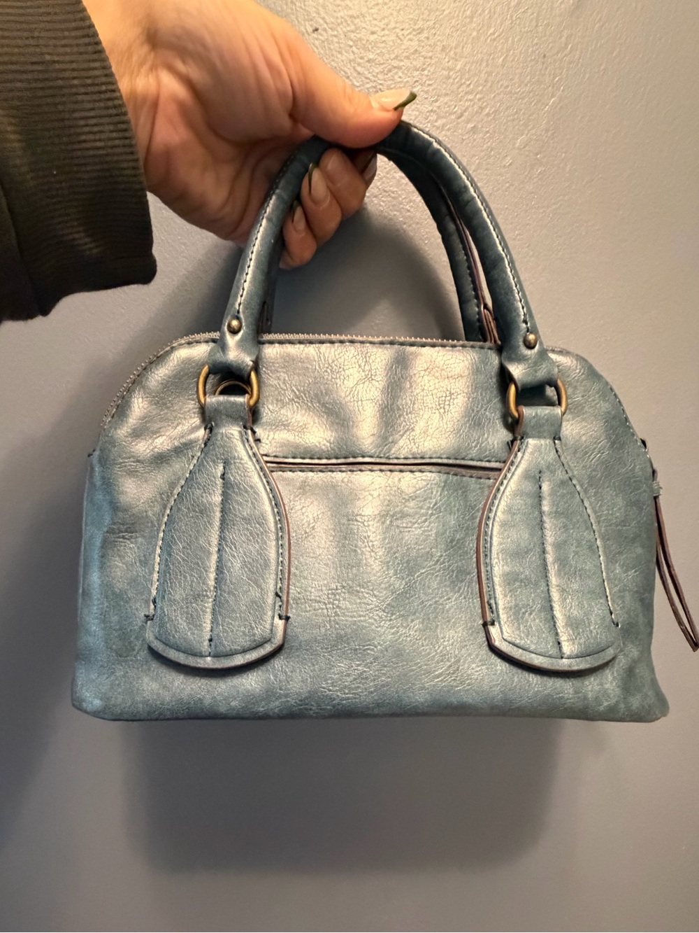 Small Leather Top-Handle Satchel in Metallic Teal